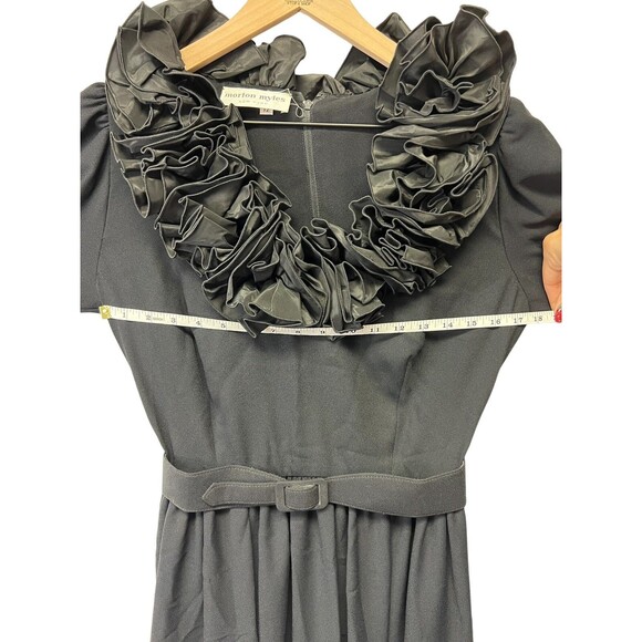 STUNNING Vintage Morton Myles Black Ruffle Neckline Belted Dress Size 12 - Picture 10 of 16